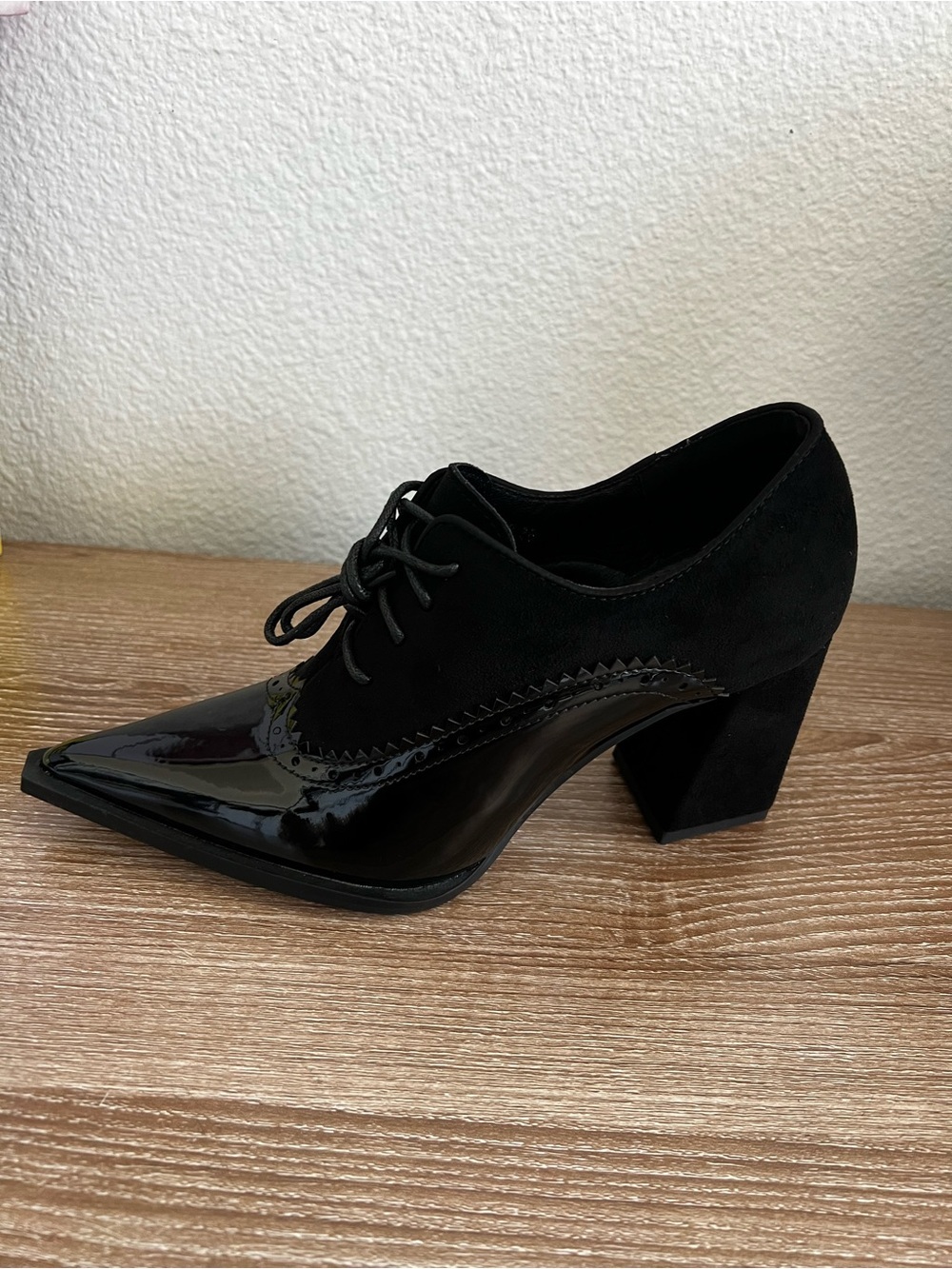 Black Lace-Up Pointed Block Heel Pumps - Picture 2 of 9